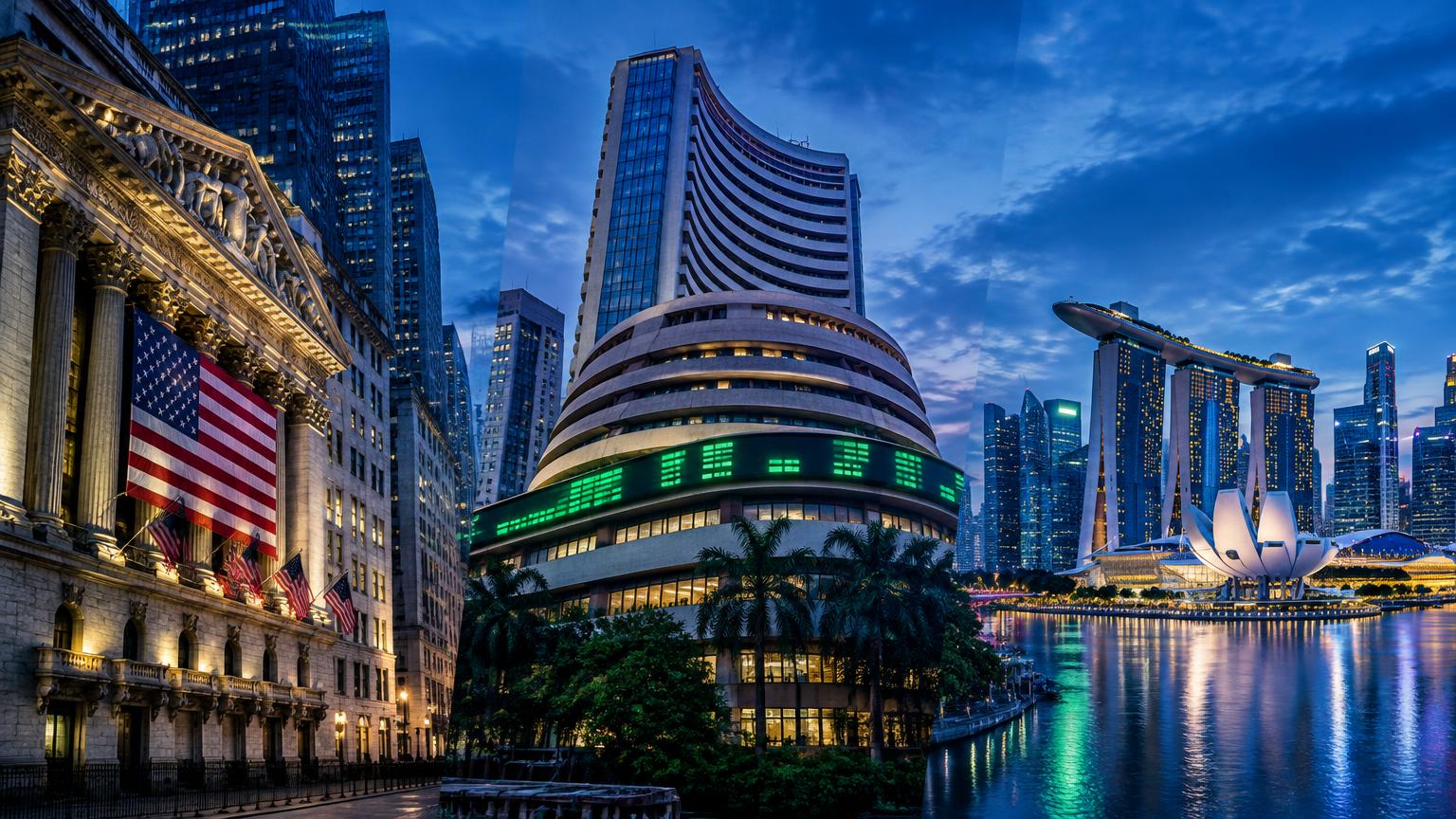 Illustration of financial landmarks in New York, Mumbai and Singapore