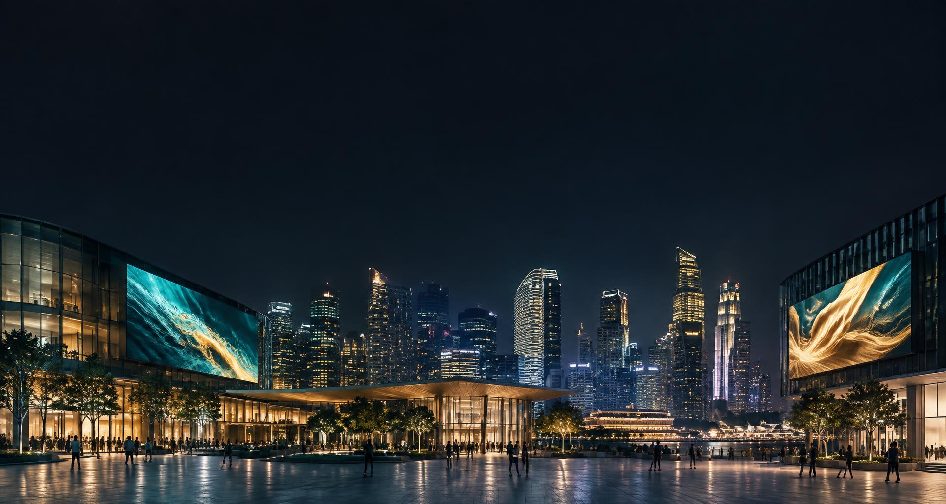 Programmatic digital advertising screens in a modern city plaza