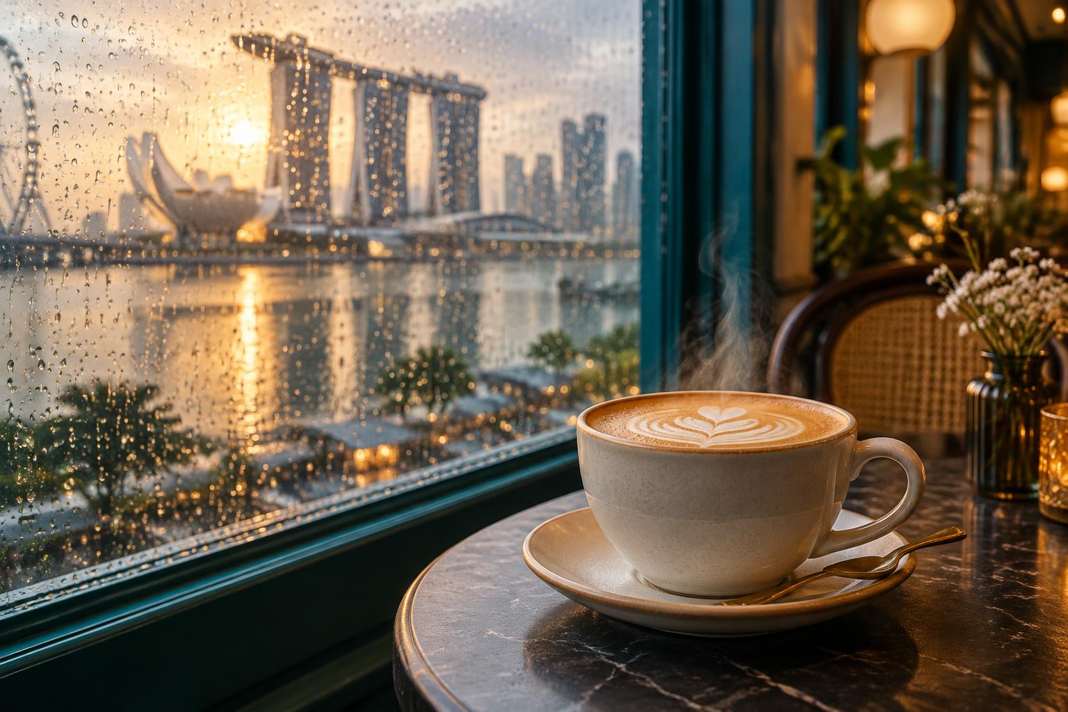 Coffee by a rain-covered city window